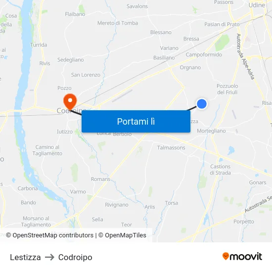 Lestizza to Codroipo map