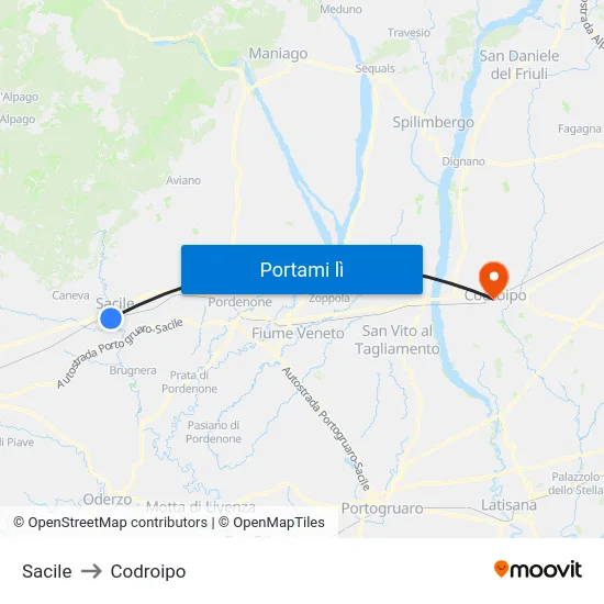 Sacile to Codroipo map