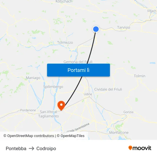 Pontebba to Codroipo map