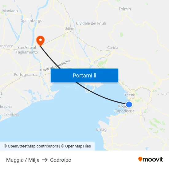 Muggia / Milje to Codroipo map