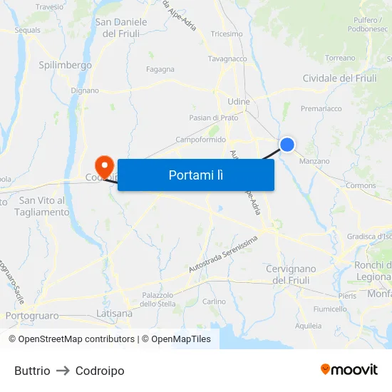 Buttrio to Codroipo map