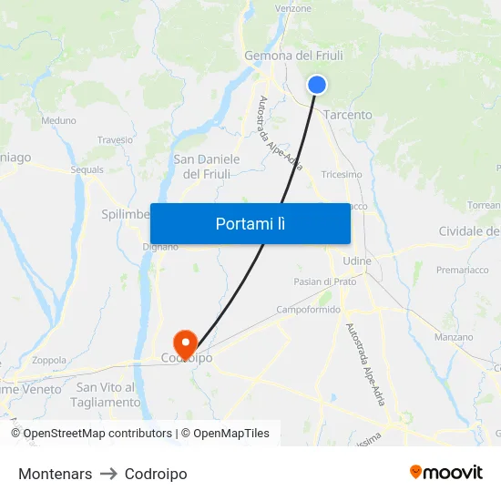 Montenars to Codroipo map