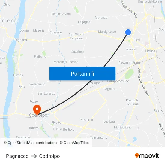 Pagnacco to Codroipo map