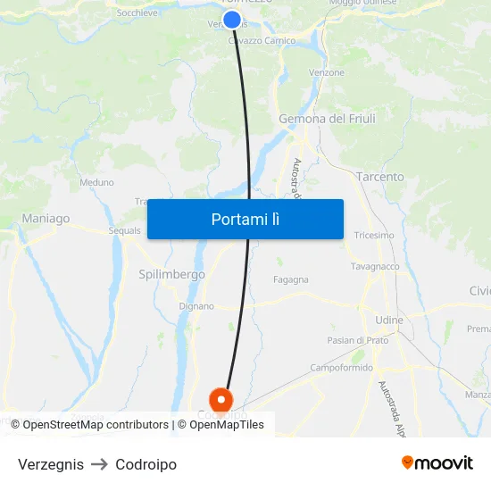 Verzegnis to Codroipo map