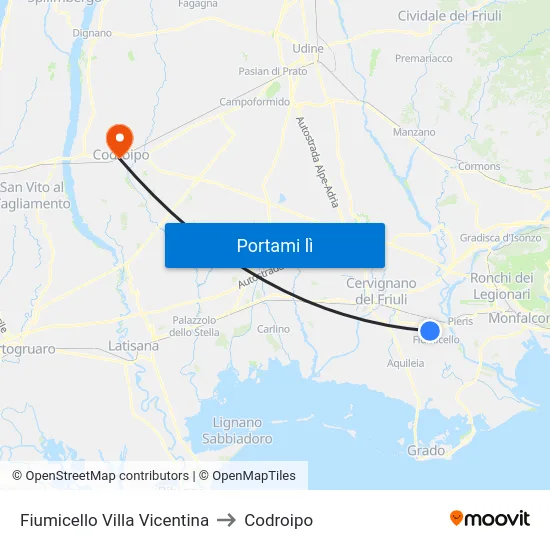 Fiumicello Villa Vicentina to Codroipo map