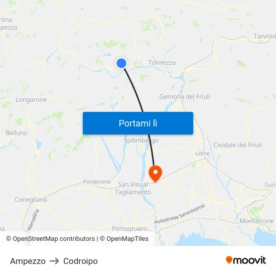 Ampezzo to Codroipo map