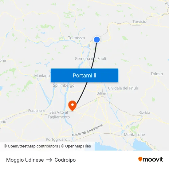 Moggio Udinese to Codroipo map