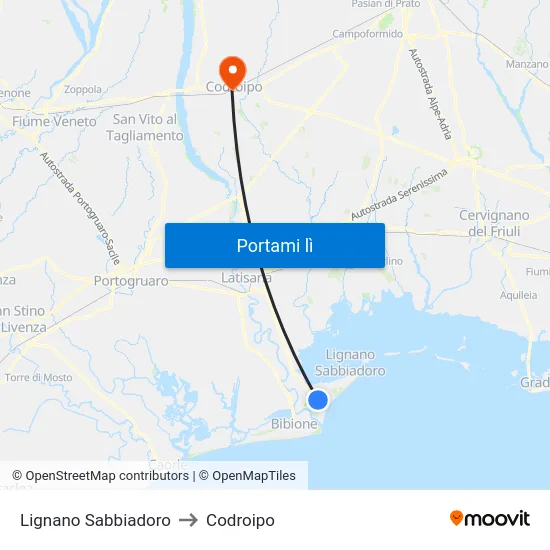 Lignano Sabbiadoro to Codroipo map