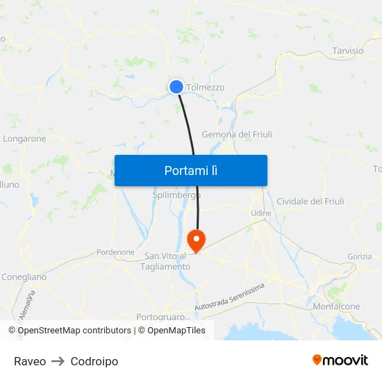 Raveo to Codroipo map