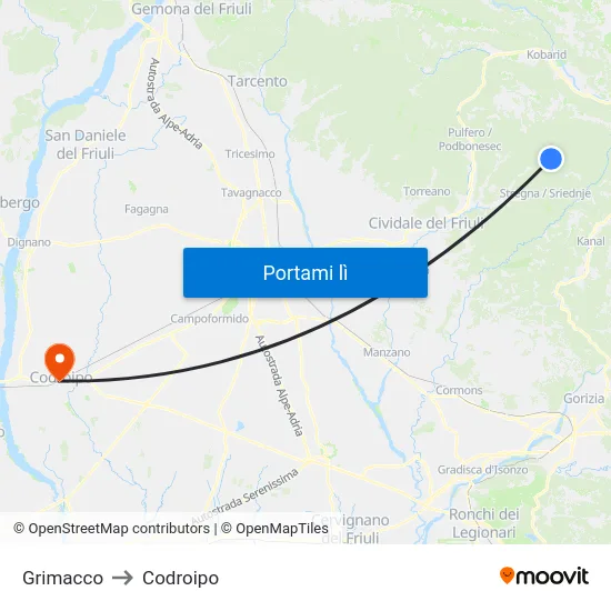 Grimacco to Codroipo map