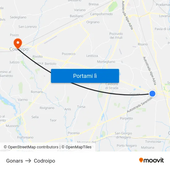 Gonars to Codroipo map