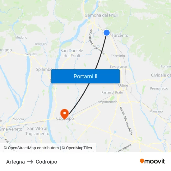 Artegna to Codroipo map