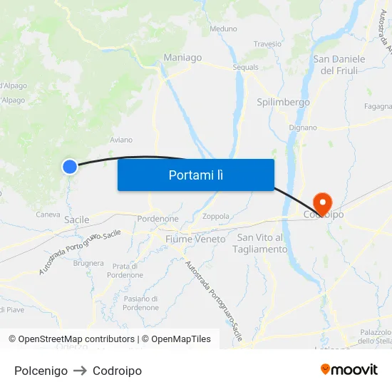 Polcenigo to Codroipo map