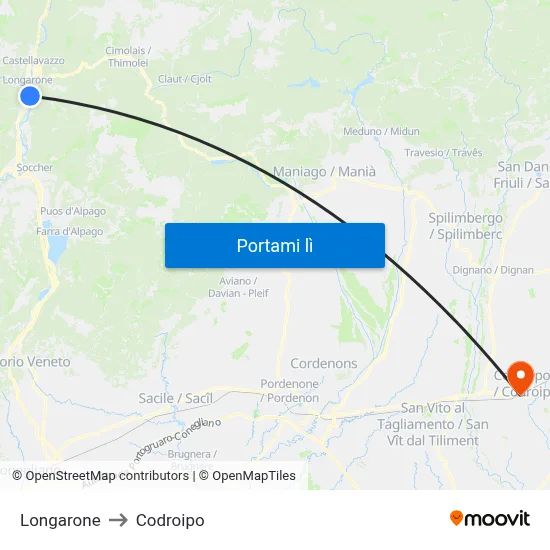 Longarone to Codroipo map