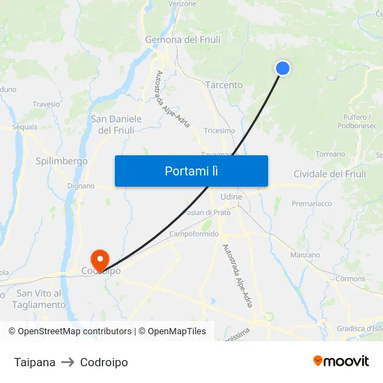 Taipana to Codroipo map