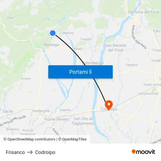 Frisanco to Codroipo map