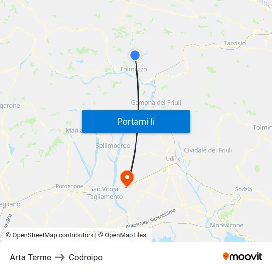 Arta Terme to Codroipo map