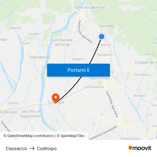 Cassacco to Codroipo map