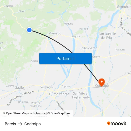 Barcis to Codroipo map