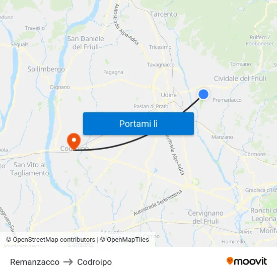 Remanzacco to Codroipo map