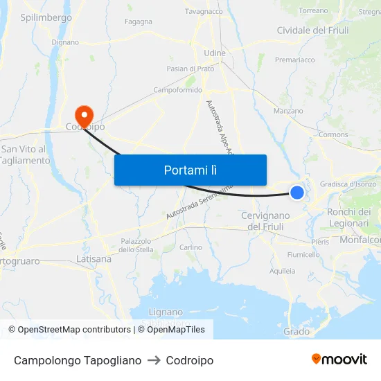 Campolongo Tapogliano to Codroipo map