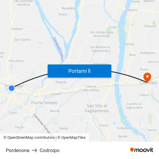 Pordenone to Codroipo map