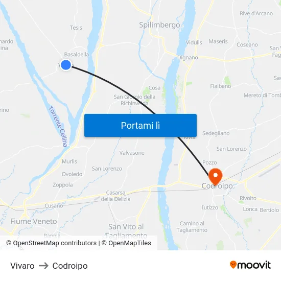 Vivaro to Codroipo map