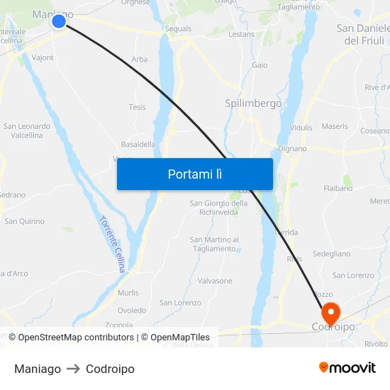 Maniago to Codroipo map