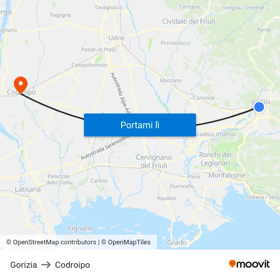 Gorizia to Codroipo map