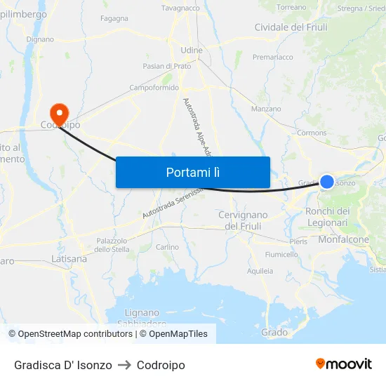 Gradisca D' Isonzo to Codroipo map