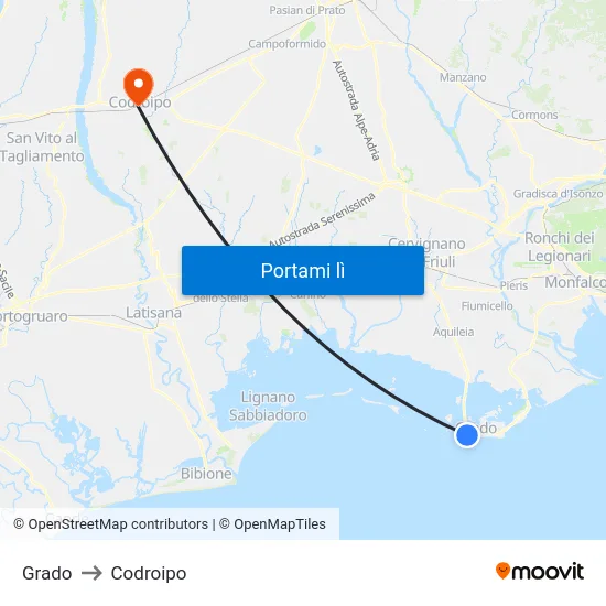 Grado to Codroipo map