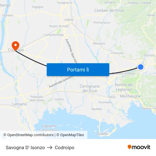Savogna D' Isonzo to Codroipo map