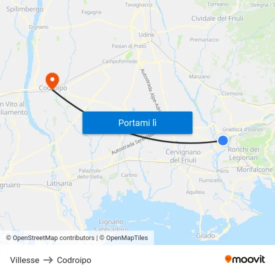 Villesse to Codroipo map