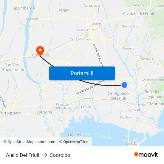 Aiello Del Friuli to Codroipo map