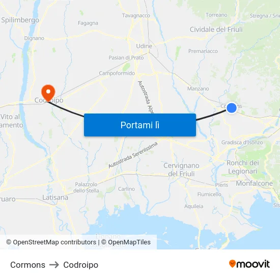 Cormons to Codroipo map