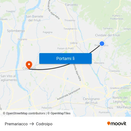 Premariacco to Codroipo map
