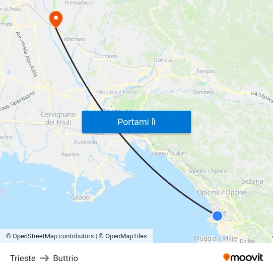 Trieste to Buttrio map