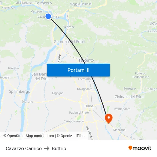 Cavazzo Carnico to Buttrio map