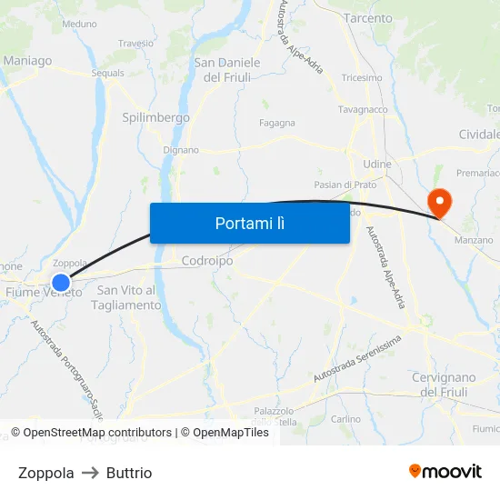 Zoppola to Buttrio map
