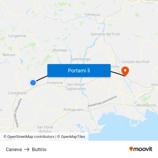 Caneva to Buttrio map