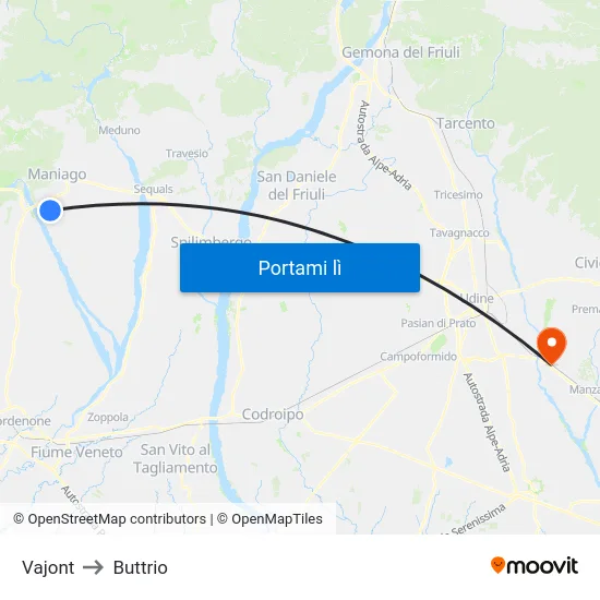 Vajont to Buttrio map