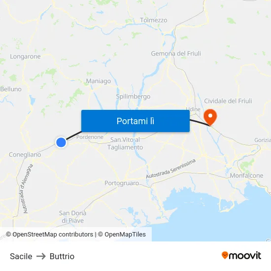 Sacile to Buttrio map
