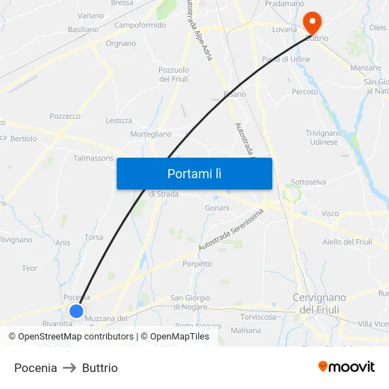 Pocenia to Buttrio map