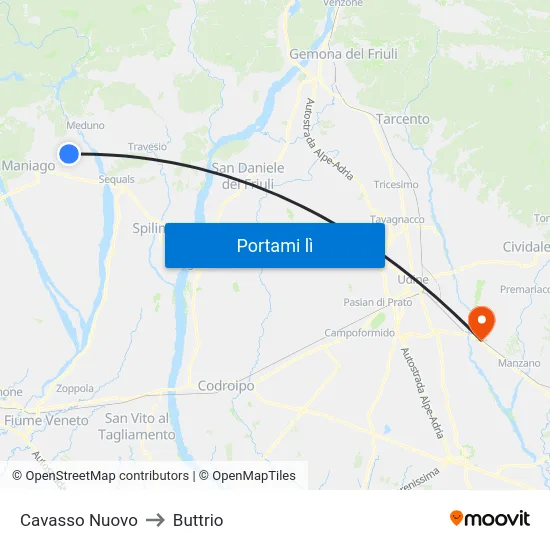Cavasso Nuovo to Buttrio map