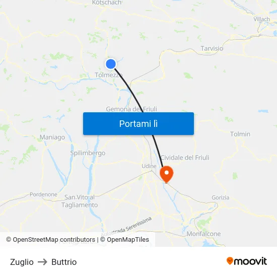 Zuglio to Buttrio map
