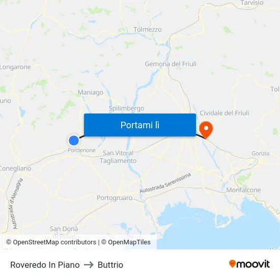 Roveredo In Piano to Buttrio map