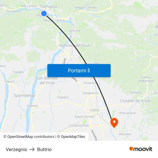 Verzegnis to Buttrio map
