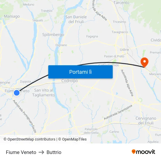 Fiume Veneto to Buttrio map