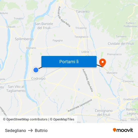 Sedegliano to Buttrio map