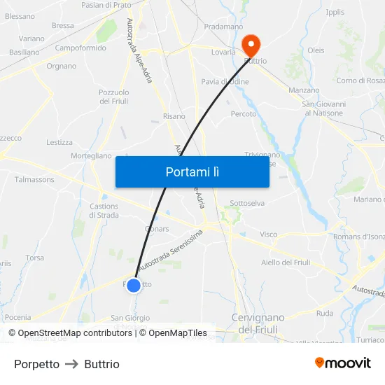 Porpetto to Buttrio map